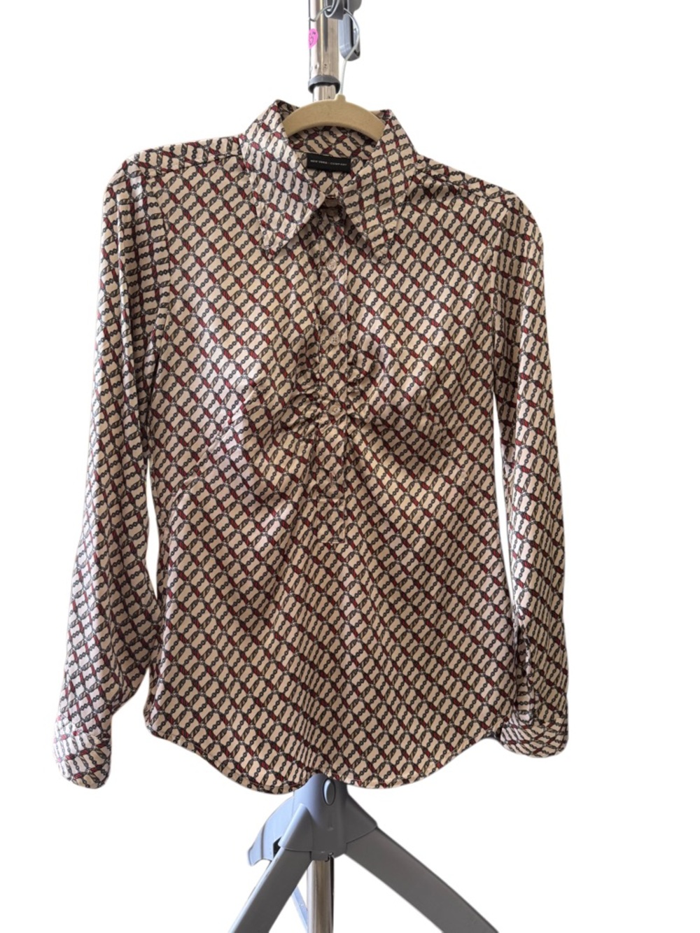 New York & Company Cream Button-Down Blouse with Brown & Burgundy Print